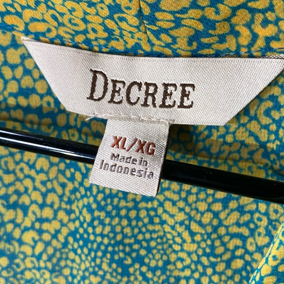 DECREE Blouse Women XL Sheer Cowl Neck Chiffon Blue Yellow Print Flowy Top Shirt - Picture 12 of 12
